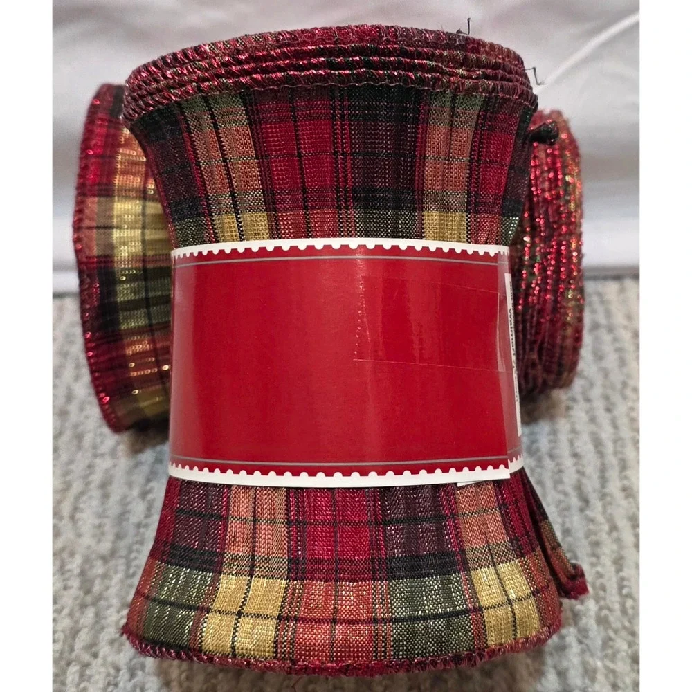Holiday Time 2pk Christmas Ribbon Red Gold Plaid Metallic 5in x 25ft 97707JC-A